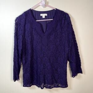 COLDWATER CREEK Womens Purple Floral Lace Cottage‎ Core V Neck Pullover Size Lg